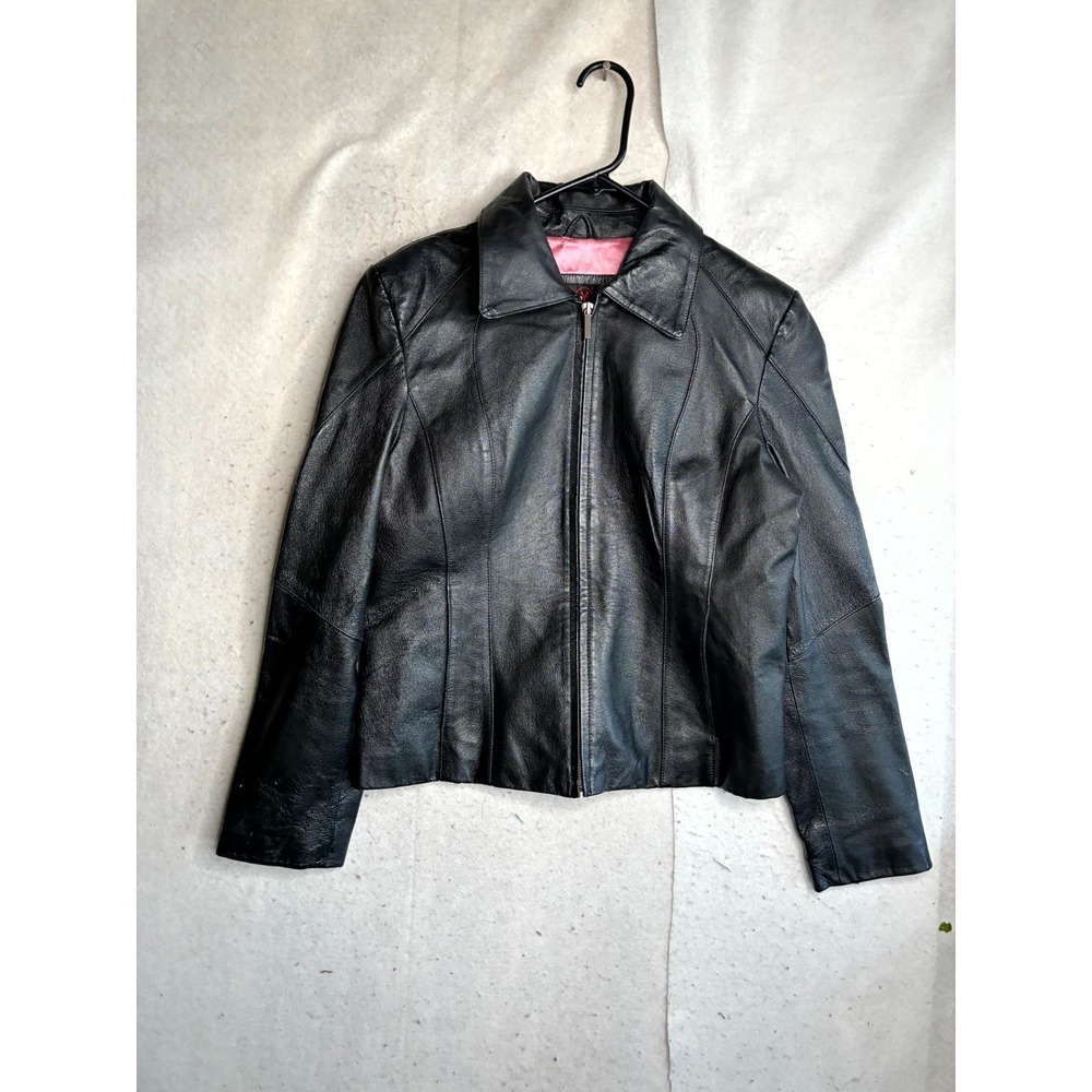 Studio Y Leather Jacket Womens Medium Black Long Sleeve Stand Up Collar Full Zip